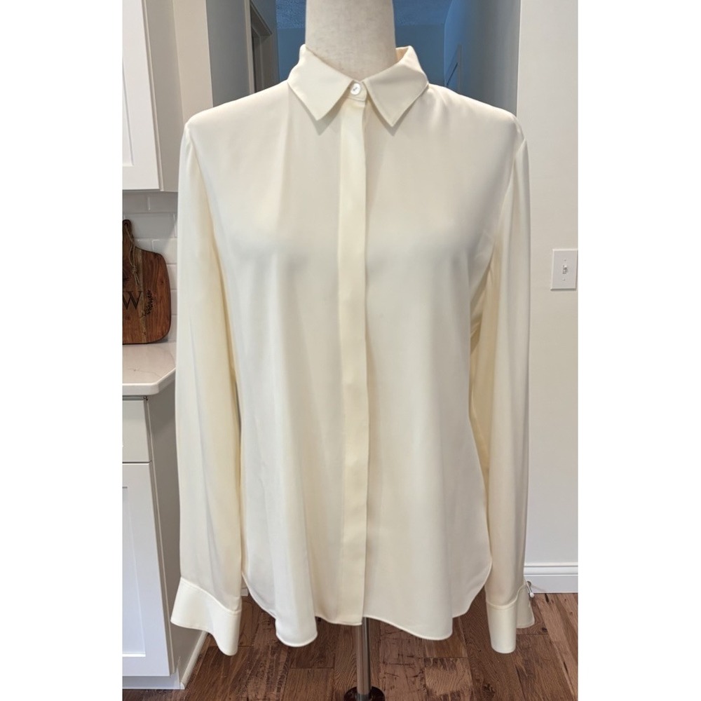 Theory Classic Fitted Core Silk Stretch Button-Down Shirt Ivory Sz L $225